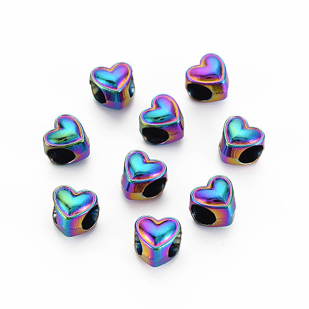 Rack Plating Rainbow Color Alloy European Beads, Large Hole Beads, Cadmium Free & Nickel Free & Lead Free, Heart, Multi-color, 8x8.5x7.5mm, Hole: 4.5mm