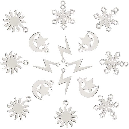 DICOSMETIC 16Pcs 4 Style Stainless Steel Christmas Snowflake Pendants Lightning Bolt Charms Sun Pendants Star with Moon Charms Celestial Charms Weather Charms for Bracelet Necklace Earrings Making