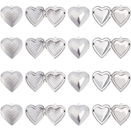 DICOSMETIC 16pcs 2 Styles 28.5mm 316 Stainless Steel Heart Locket Pendants Photo Frame Charms Heart with Wave Pattern Locket Charms for Memorial Jewelery Making,Hole:2mm