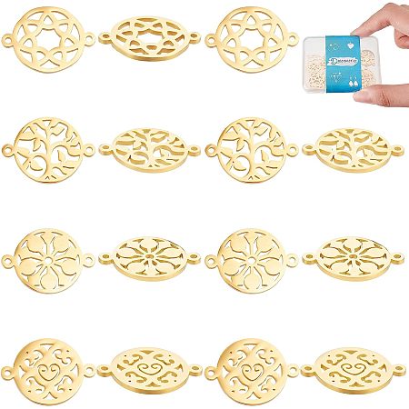 DICOSMETIC 16Pcs 4 Styles Flower Connector Charms Stainless Steel Flat Round Flower Link Pendant Golden Color Flower/Leaf/Tree Charm Connectors for Jewelry Making, Hole: 1.5mm