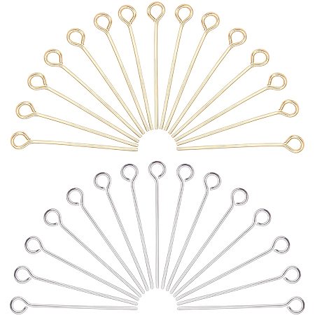 PandaHall Elite 160 pcs 25mm(1 inch) 304 Stainless Steel Head Pins Findings 21 Gauge(0.7mm) Open Eye Pin for Earring Pendant Bracelet Jewelry DIY Craft Making, Golden/Silver