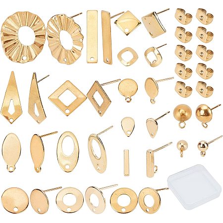 SUNNYCLUE 1 Box 46Pcs 16 Styles Stainless Steel Stud Earring Finding Including 32pcs Hypoallergenic Ear Stud & 14Pcs Ear Nuts for Women Beginners DIY Earring Jewellery Making Crafts, Golden