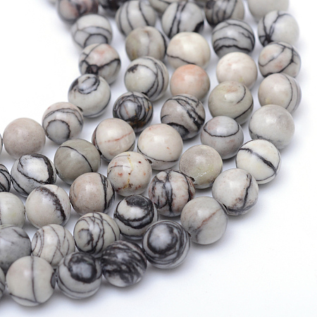 ARRICRAFT Round Natural Black Silk Stone/Netstone Bead Strands, 6mm, Hole: 1mm, about 65pcs/strand, 15.7 inches