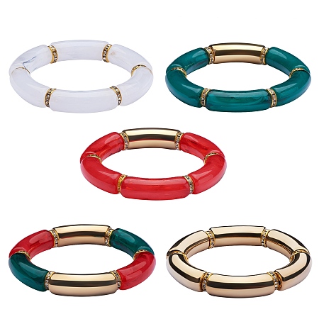 Arricraft 5Pcs 5 Colors Acrylic Curved Tube Stretch Bracelets Set, Christmas Chunky Bracelets for Women, Mixed Color, Inner Diameter: 2-1/8 inch(5.5cm), 1Pc/color
