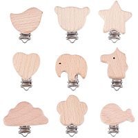PandaHall Elite 10pcs 10 Shapes Wood Pacifier Suspender Clips, Star Bird Heart Butterfly Flower Pacifier Holder Clips Teething Beads Clips for Making Pacifier Holders Bib Clips Toy Holder