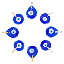 Arricraft 8Pcs 4 Style Handmade Lampwork Evil Eye Pendants, with Grade AA Brass Ice Pick Pinch Bails Finding, Teardrop & Flat Round, Dark Blue, 30~41x30x5~6mm, Hole: 4~6x4~5mm, 2pcs/style