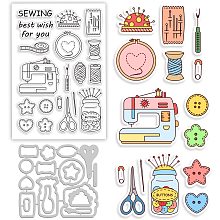 GLOBLELAND Sewing Theme Cut Dies and Clear Stamp Button Sewing Machine Embossing Template and Silicone Stamp for Card Scrapbooking Card Making DIY Craft Decoration