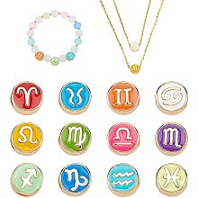 PandaHall Elite Real 18K Gold Plated Zodiac Charm, 12pcs 12 Colors 10x5mm 12 Constellation Zodiac Charm Spacer Beads Round Enamel Metal Charm for Bracelet Earrings Necklace Jewelry DIY Craft Making