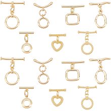 PandaHall Elite 18K Gold Plated Toggle Clasps, 7 Styles Heart Ring Rectangle T-Bar Closure OT End Clasps Connectors for Necklace Chain Bracelets Jewelry Making Craft DIY, 14Sets