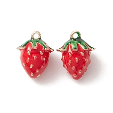 Honeyhandy 2Pcs Brass Enamel Charms, Imitation Fruit, Light Gold, Strawberry Charm, Dark Red, 13x11x10mm, Hole: 1.2mm