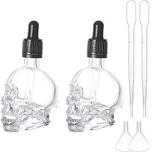 BENECREAT 2Pcs 1.69oz Skull Glass Dropper Bottles Empty Clear Dropper Bottle with 2pcs Hopper and 2pcs 1ml Pipettes for Halloween Theme, Flavor and Oil Dispenser