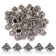 Tibetan Style Alloy Flower Bell Filigree Bead Caps, 6-Petal, Lead Free & Cadmium Free, Antique Silver, 9x5.5mm, Hole: 2mm