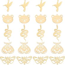 UNICRAFTALE 10Pcs Golden Beetle/Snake/Butterfly/Hummingbird/Bear Mixed Animal Pendants 201 Stainless Steel Charms 1.5/1.6mm Hole Metal Linking Charms for DIY Jewelry Making