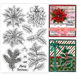 GLOBLELAND Christmas Winter Plant Clear Stamp Poinsettia Mistletoe Transparent Silicone Stamp Holly Pine Branch Rubber Stamp for Scrapbook Journal Card Making 4.3 x 6.3 Inch