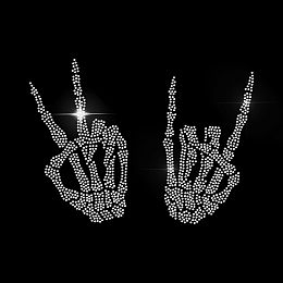 MAYJOYDIY Skeleton Hand Rhinestone Heat Transfer Bling Rock and Roll Hand Gesture Crystal Rhinestone Heat Transfer 10.3×7.6inch Clothing Repair Applique Hotfix Rhinestone for Clothes, Bags, Pants