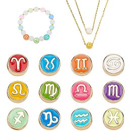 PandaHall Elite Real 18K Gold Plated Zodiac Charm, 12pcs 12 Colors 10x5mm 12 Constellation Zodiac Charm Spacer Beads Round Enamel Metal Charm for Bracelet Earrings Necklace Jewelry DIY Craft Making