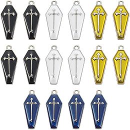 SUNNYCLUE 1 Box 40Pcs 4 Colors Gothic Charm Coffin Charms Bulk Dangle White Gold Back Halloween Theme Holiday Coffins Cross Charm for Jewelry Making Charms Findings DIY Necklace Earring Adults Craft