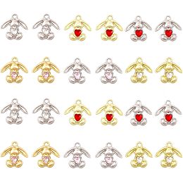 CHGCRAFT 24Pcs 6 Styles Rhinestone Rabbit Pendants Bunny with Heart Charms Rack Plating Alloy Pendants for Easter Necklace Bracelet Earring Ramadan Making Keychain Crafts