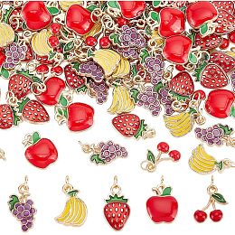 DICOSMETIC 100Pcs Enamel Fruit Charms Pendants Golden Alloy Pendants Banana/Apples/Strawberry/Grape/Cherry Craft Pendant Themed Metal Charms for DIY Necklace Bracelet Jewellery Making