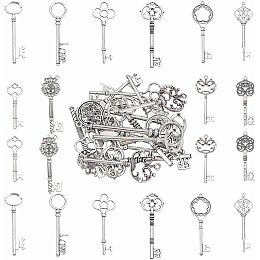 SUNNYCLUE 20Pcs 10 Style Skeleton Keys Charms Vintage Keys Tibetan Style Alloy Big Pendants for DIY Art Craft Jewelry Making Necklace Crafts, Antique Silver