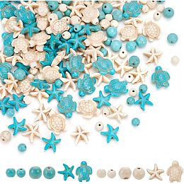 Arricraft About 227 Pcs Ocean Sea Theme Turquoise Beads, 3 Styles 2 Colors Assorted Turtle & Starfish & Round Beads Dyed Animal Stone Strand Beads Charms for Earrings Necklace Making