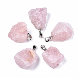 Honeyhandy Rose Quartz Pendants, with Platinum Plated Iron Bails, Nuggets, 24~30x19~24x14~19mm, Hole: 7x4mm