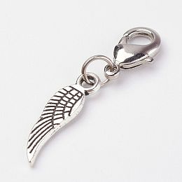 Honeyhandy Tibetan Style Alloy Pendants, with Brass Lobster Claw Clasps, Wing, Antique Silver, 33mm