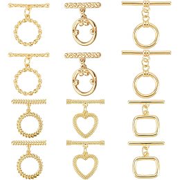 PandaHall Elite 18K Toggle Clasps, 6 Styles T-Bar Closure Clasp 12 Sets Toggle Jewelry Clasps Flower Ring Leaf IQ Toggle Clasps Brass Bracelet Clasp for Necklace Jewelry Making