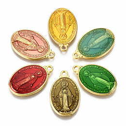 Honeyhandy Brass Enamel Pendants, Long-Lasting Plated, Oval with Saint, Golden, Mixed Color, 19.5x12x2mm, Hole: 1.5mm