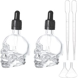 BENECREAT 2Pcs 1.69oz Skull Glass Dropper Bottles Empty Clear Dropper Bottle with 2pcs Hopper and 2pcs 1ml Pipettes for Halloween Theme, Flavor and Oil Dispenser