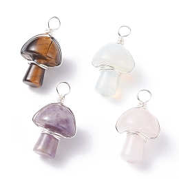 Honeyhandy Natural & Synthetic Gemstone Pendants, with Silver Tone Copper Wire Wrapped, Mushroom, Silver, 30x16~18mm, Hole: 4mm