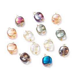 Honeyhandy Electroplate Glass Beads Pendants, with Brass Ball Head Pins, Multi-color Plated, Square, Mixed Color, 14~15x11x5~6mm, Hole: 1.5~2.2mm