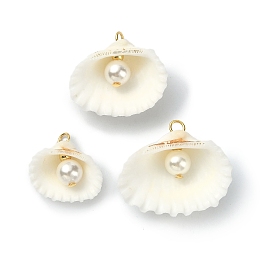 Honeyhandy Natural Shell Pendants, Shell Charms with Round Shell Pearl Beads and Brass Beads, Golden, Floral White, 16~24x17.5~27x7.5~9mm, Hole: 2.3~2.5mm