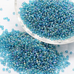 Honeyhandy 8/0 Round Glass Seed Beads, Grade A, Transparent Colours Rainbow, Sky Blue, 2.8~3.2mm, Hole: 1.0mm, about 15000pcs/pound