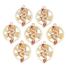 Honeyhandy Rack Plating Alloy Enamel Pendants, Cadmium Free & Nickel Free & Lead Free, Light Gold, Dragon, Goldenrod, 34x27x1.5mm, Hole: 2mm