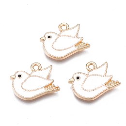 Rack Plating Alloy Enamel Bird Pendants, Cadmium Free & Nickel Free & Lead Free, Light Gold, Pigeon, Snow, 14x17x2mm, Hole: 1.6mm