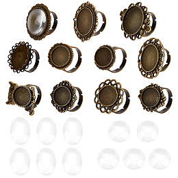 SUNNYCLUE DIY Finger Ring Making Kits, with Transparent Glass Cabochons, Vintage Adjustable Iron & Brass Finger Ring Components Alloy Cabochon Bezel Setting, Antique Bronze, Size: 7, Inner Diameter: 17mm, 11pcs/set