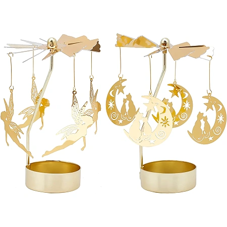 FINGERINSPIRE 2 Sets Rotary Candle Holder c (Moon Cat, Magic Fairy) Metal Spinning Candle Carousel Golden Rotating Tea Light Candle Holders for Wedding, Party Table Decor, Gifts