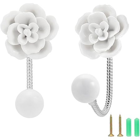 NBEADS 2 Sets Flower Ceramic Wall Hooks, White Floral Wall Coat Hooks Decorative Robe Hooks with Screw and Anchor Plug for Scarf Bag Towel Hat in Hallway Kitchen Closets Bathroom