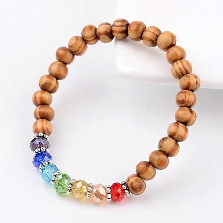 Honeyhandy Wood Round Bead Kids Bracelets Stretch Bracelets, with Glass Beads and Alloy Findings, Colorful, 44mm