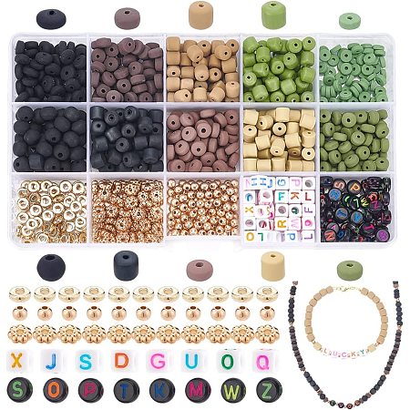 PandaHall Elite 910pcs Clay Heishi Beads Kit, Including 590pcs 10 Colors Clay Cylinder Beads 3 Styles Golden Spacer Beads Flat Beads and 100pcs Letter Beads for Bracelet Necklace Jewelry Making