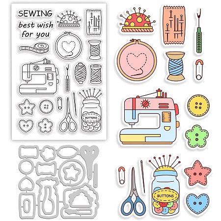 GLOBLELAND Sewing Theme Cut Dies and Clear Stamp Button Sewing Machine Embossing Template and Silicone Stamp for Card Scrapbooking Card Making DIY Craft Decoration
