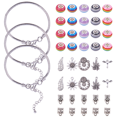 PandaHall Elite European Styles Charm Snake Chain Bracelet with European Large Hole Beads, Pendant Bail, Tibetan Silver Pendant for Jewelry Gift Set