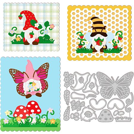 GLOBLELAND Butterfly Gnome Embossing Template Mould Mushroom and Bee Carbon Steel Die Cuts Strawberry and Lawn Embossing Mould for Scrapbooking Card DIY Craft