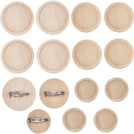 OLYCRAFT 15Pcs Flat Round Wooden Brooch Pin Trays Brooch Clasps Pin Disk Base Cabochon Frame Setting Tray 3 Size Brooch Cabochon Bezel Settings for DIY Jewelry Craft Making(Tray Size 20/25/30mm)