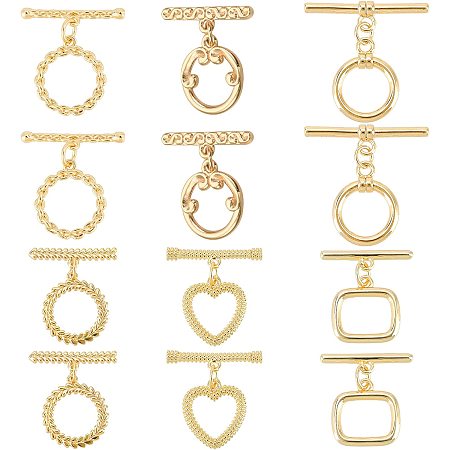 PandaHall Elite 18K Toggle Clasps, 6 Styles T-Bar Closure Clasp 12 Sets Toggle Jewelry Clasps Flower Ring Leaf IQ Toggle Clasps Brass Bracelet Clasp for Necklace Jewelry Making