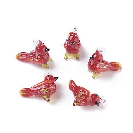 Honeyhandy Handmade Lampwork Pendants, Bird, Red, 27~29x12~13x24~27mm, Hole: 2~4mm