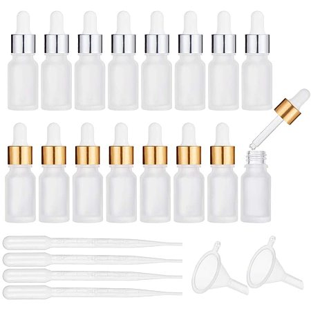 BENECREAT 16 Pack 10ml Frosted Glass Bottle with Glass Eye Dropper, 2 Plastic Funnels and 4 Plastic Droppers for Essential Oils and Essence
