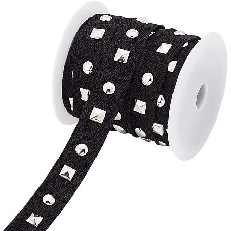 AHANDMAKER 9.84 Yards 20 mm Wide Sliver Aluminum Studded Polyester Cord, Black Flat Polyester Ribbon Trim with Round and Square Rivets, for DIY Craft and Hat Belt Headband Garment Sewing Decoration