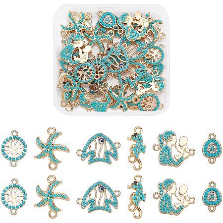 SUPERFINDINGS 36pcs 6 Style Teardrop Sea Horse Starfish Fish Turquoise Connectors Alloy Rhinestone Links Connectors with Resin Ocean Themed Links for Jewelry Making